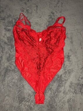 Vintage Red Lace V-Neck Chemise Bodysuit - Women Intimates & Sleepwear